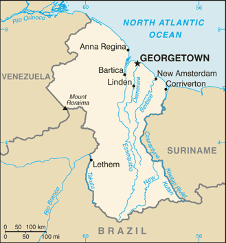 Map of Guyana showing major towns, rivers, and neighboring countries